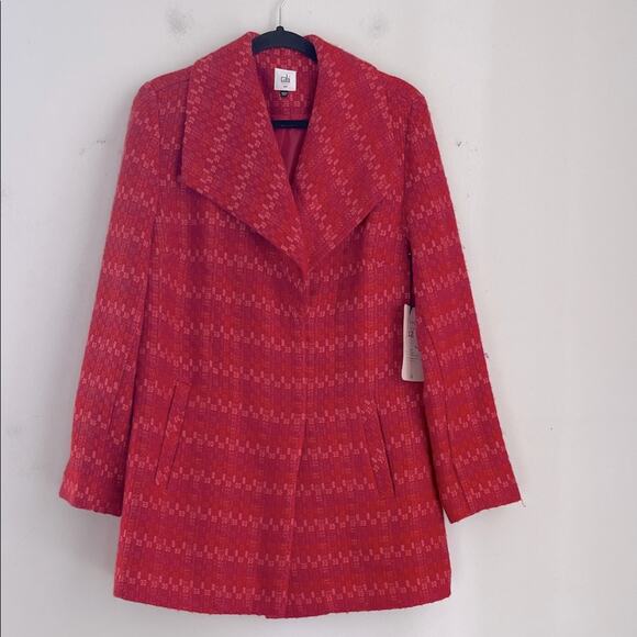 NWT CABI Sloan wool blend elastic stretch tweed red and pink midi coat sz M - Picture 1 of 9